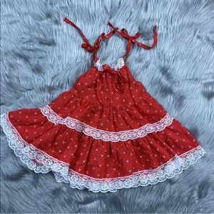 Vintage Baby Girls Red White Floral Lace Ruffle Shoulder Tie Sun Dress